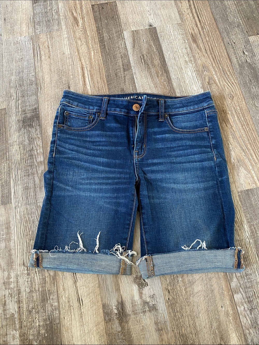 American Eagle Outfitters Dark Blue Distressed Denim Bermuda Shorts